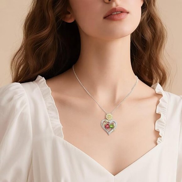 925 Sterling Silver Double Heart Sunflower Pendant Necklace NWT - Picture 2 of 7